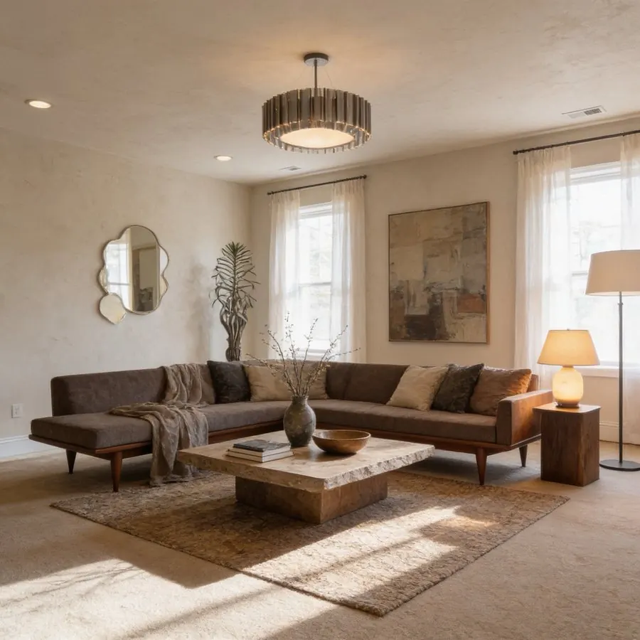 Living room with a brown sectional sofa and a framed painting on the wall above it
