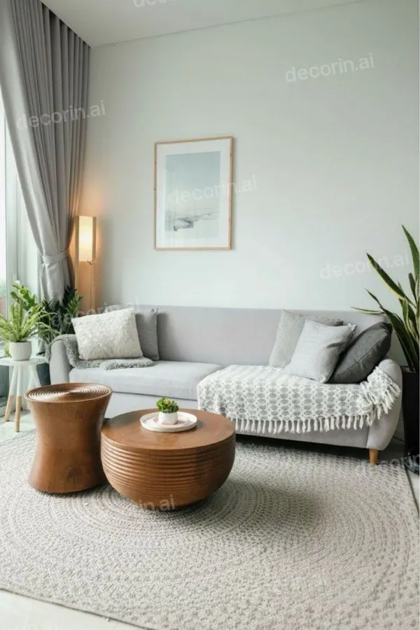 The same living room with the pouf and one framed print removed, rug and sofa continuing underneath
