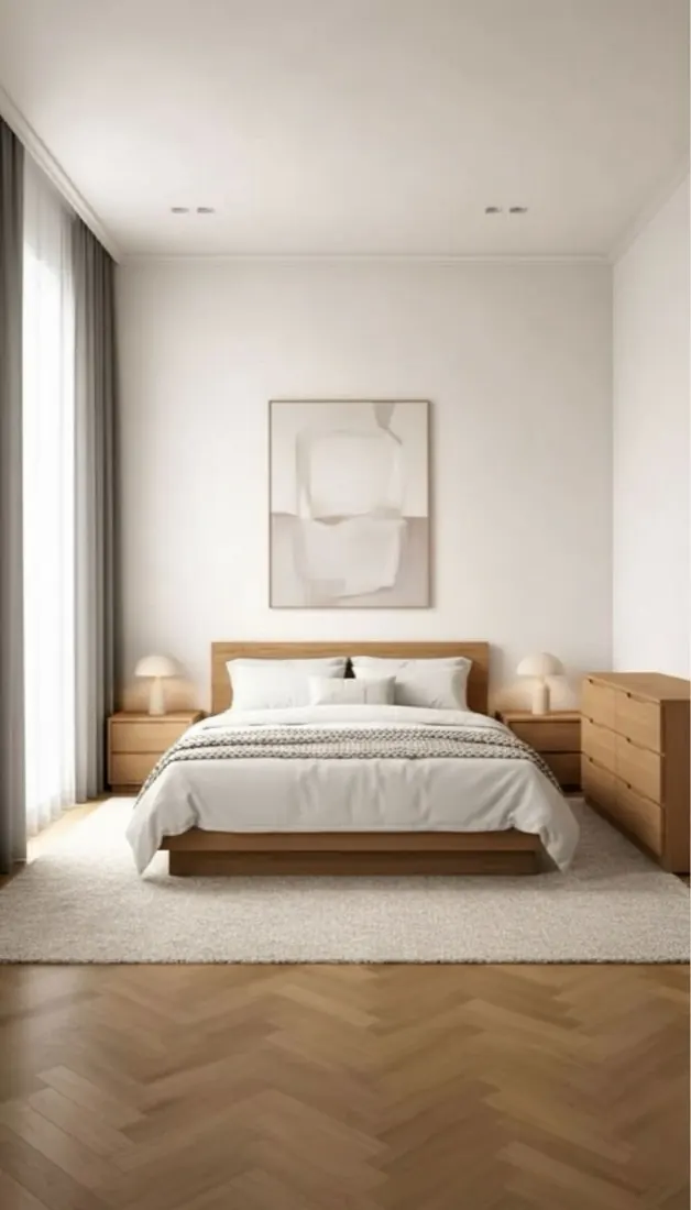 DecorIn result: a white minimal bedroom with an oak bed and the original herringbone floor